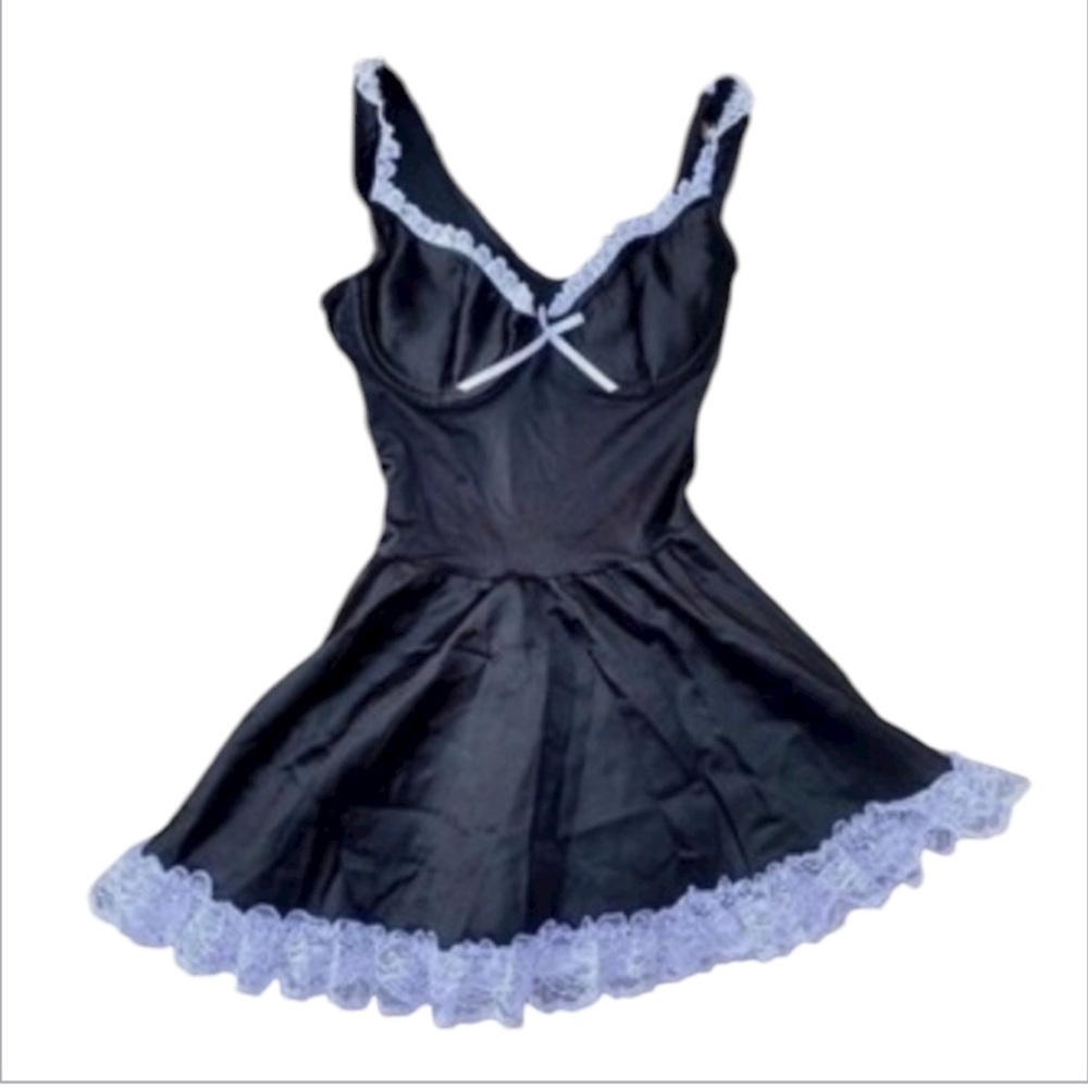 FREDRICKS VINTAGE 90’s HOLLYWOOD BLACK & WHITE LACE BUSTIER CORSET DRESS SLIP L